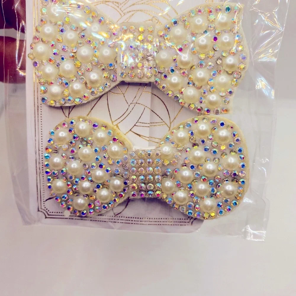 Hair barrette bow faux pearls crystals iri…